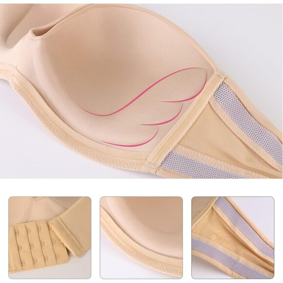Women's Beige Strapless Bra Push Up Anti-slip Support Lift Up Wire-free Bra - Picture 6 of 7